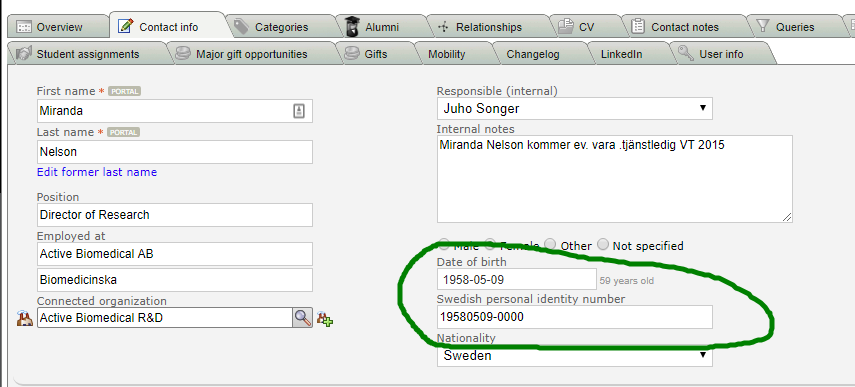 Contact information Date of birth