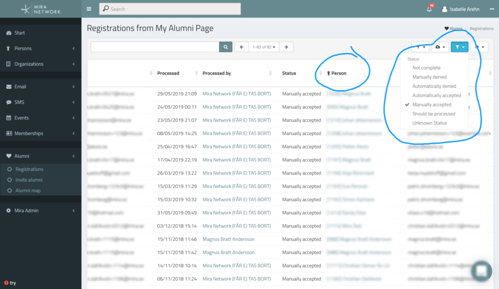 Alumni registrations filter