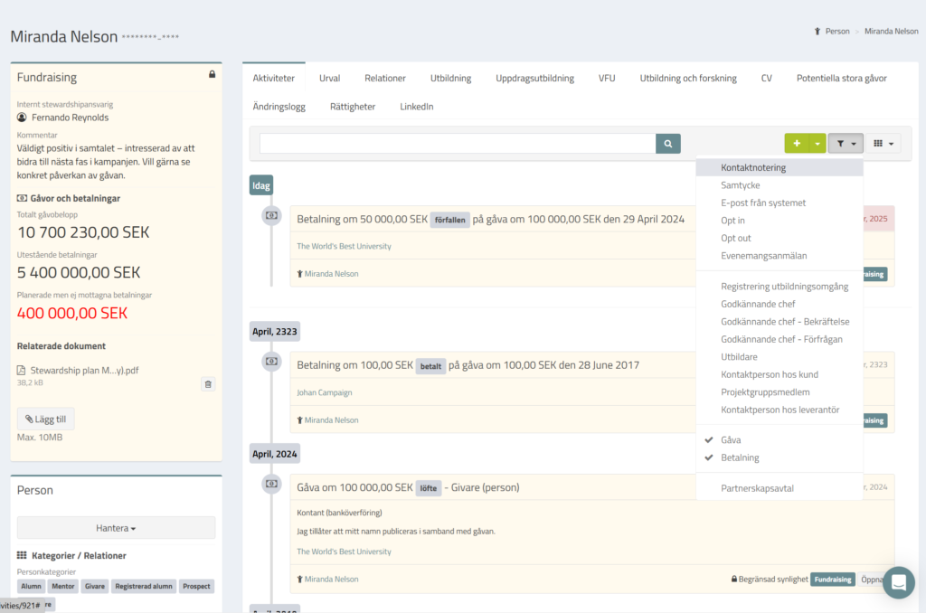 Fundraising profilbox, gåvor och betalningar som aktiviteter